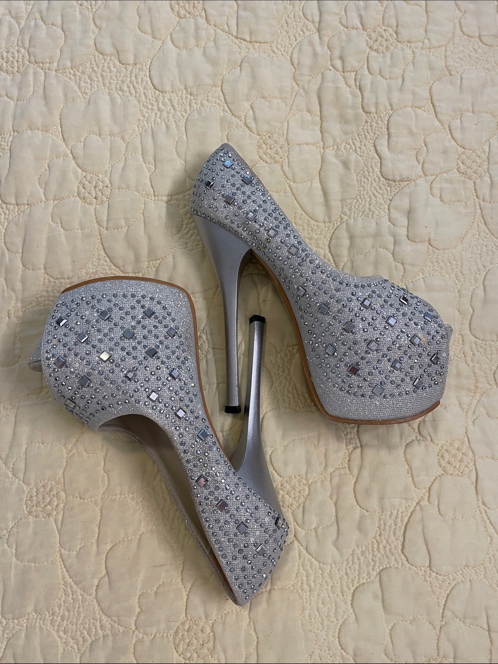 Embellished Silver Platform Stiletto Heels - Women's Evening Pumps